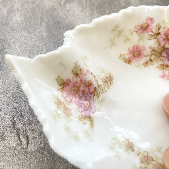 Antique Elite Limoges S M Leaf Bone Dish Plate Set Pink Flowers Gold Set 3 c1800